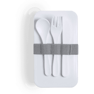 A white lunch box with a grey strap containing a spoon, fork, and knife. It has branding on the front.