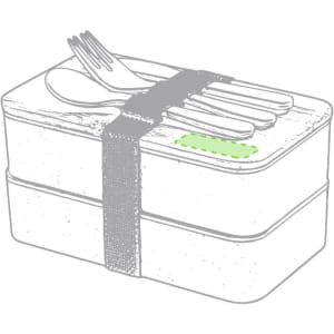 A grey lunch box with a fork and knife secured on top by a strap, featuring a small green accent.