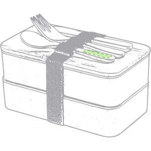 A grey and green lunch box secured with a strap, containing utensils on top. It features a logo.