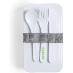 A grey lunch box with a strap, containing white utensils: a spoon, fork, and knife.