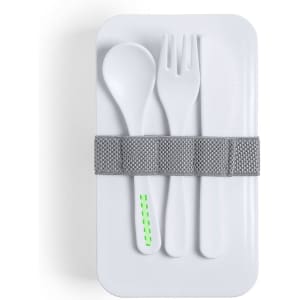 A white lunch box featuring a grey strap and containing cutlery: a spoon, fork, and knife.