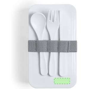 A white lunch box with a grey band holding a spoon, fork, and knife. It features a logo on the side.