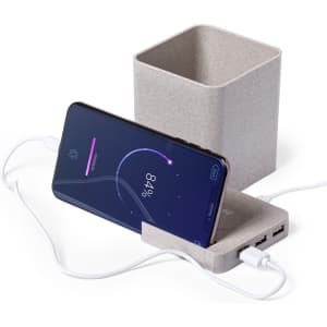 A grey multifunction pencil holder and phone charging station with USB ports, featuring a minimalist design.
