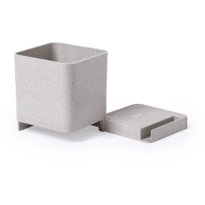 A grey multifunction pencil holder with a detachable lid, featuring a simple square design and a brand logo.