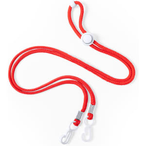 A red lanyard with a breakaway feature and two metal clips for attachment.