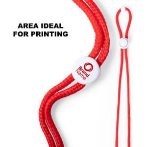 A red lanyard with a logo and an adjustable slider, featuring a printing area.