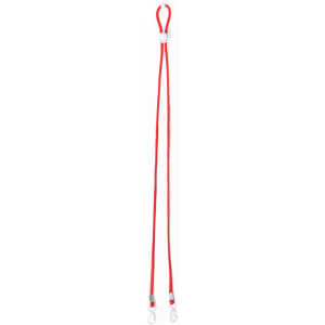 A red lanyard with two clear attachment clips at the ends. It features a simple, adjustable design.