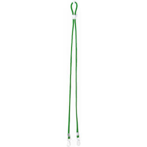 A green lanyard with white attachments, designed for holding ID cards or badges. It features a logo.