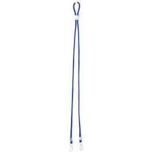 A blue lanyard with white attachments and a slider for adjusting length, featuring a branding logo.