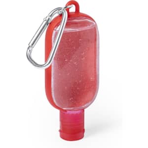 A red hand sanitiser bottle with a clear gel inside, attached to a silver carabiner.