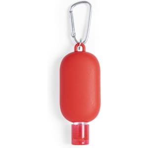 A red hand sanitiser bottle with a clear bottom and a carabiner attached for easy carrying.