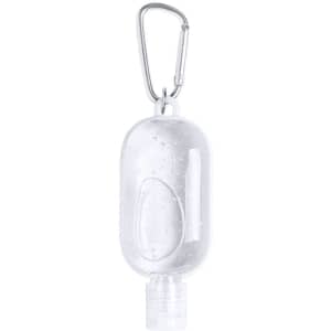 A clear hand sanitiser bottle with a carabiner clip, featuring a squirt nozzle at the bottom.