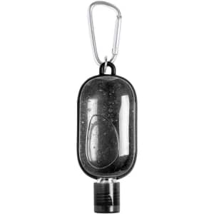 A black hand sanitiser bottle with a carabiner attachment, featuring a sleek, rounded design.