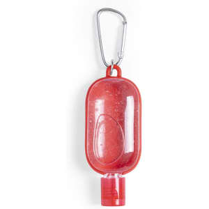 A red hand sanitiser bottle with a clear body and a carabiner clip for easy attachment.