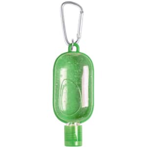 A green hand sanitiser in a transparent container with a carabiner attachment.
