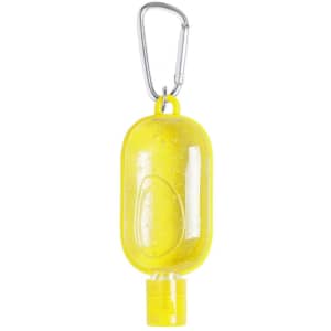 A yellow bottle of Trikel hydroalcoholic gel with a carabiner for easy attachment.
