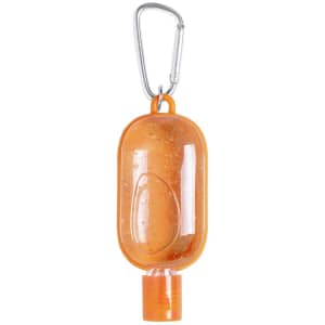 An orange bottle of hydroalcoholic gel with a clip for attachment. It has a clear, gel-like liquid inside.