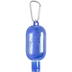 A blue hand sanitiser bottle with a carabiner clip, featuring a clear gel inside.