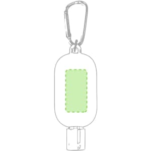 A hand sanitiser in a clear bottle with a green label and a carabiner attached for easy carrying.