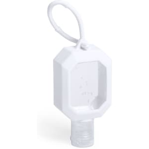 A portable, octagonal white hand sanitiser bottle with a secure cap and a loop for attachment.