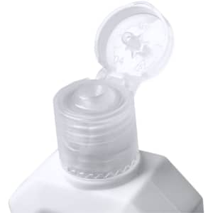 A clear bottle of hydroalcoholic hand sanitiser with a flip-top cap. The bottle is predominantly white.