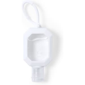 A clear, octagonal hand sanitiser bottle with a white casing and a silicone loop for attachment.