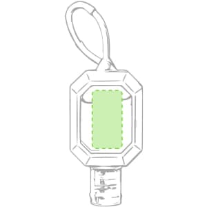 A green hydroalcoholic gel bottle with a clip for attachment, designed for sanitising hands.