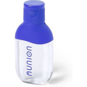 A clear hand sanitiser bottle with a blue lid and a logo, containing a gel-like substance.