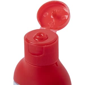 A bottle of hydroalcoholic gel with a red cap and a flip top, designed for hand sanitising.
