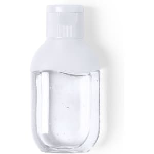 A clear plastic bottle with a white flip-top lid, filled with hydroalcoholic gel. The bottle has a smooth design and a small size.
