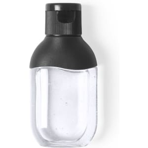 A clear bottle containing a transparent hydroalcoholic gel with a black cap. It features a smooth, curvy design.
