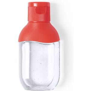 A clear hand sanitiser bottle with a red cap, containing a hydroalcoholic gel. It features a simple design.