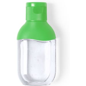A clear bottle of hydroalcoholic gel with a green cap, designed for hand sanitisation.