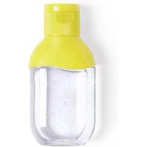 A clear bottle of hydroalcoholic gel with a yellow cap. Suitable for hand sanitisation.
