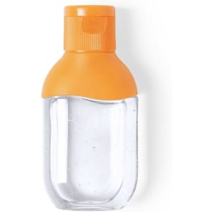 A clear bottle of hydroalcoholic gel with an orange cap. It has a smooth, rounded shape.