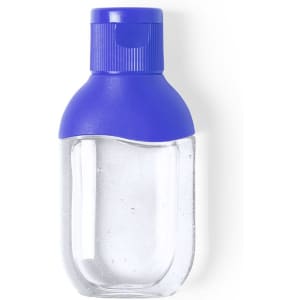 A clear bottle of hydroalcoholic gel with a blue cap, suitable for sanitising hands.