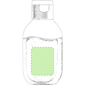 A clear bottle of hydroalcoholic gel with a green label and a flip-top cap. The bottle has a simple, ergonomic design.