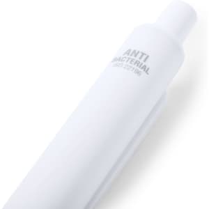 A white antibacterial pen with a cylindrical body and a clip, featuring a logo.