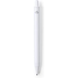 A white antibacterial pen featuring a plastic body and a click mechanism. It has a branding logo on the side.