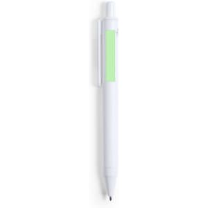 A white plastic pen with a green highlight and a clip. It features a logo on its body.