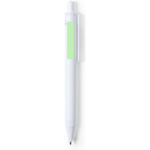 A white plastic pen with a green grip and clip, featuring a branding logo.