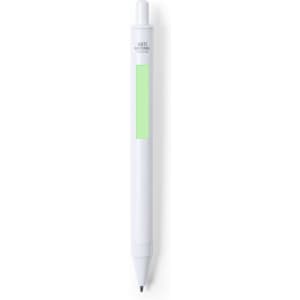 A white antibacterial pen with a green accent, featuring a logo on its body.