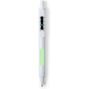 A white antibacterial pen with a green grip and a visible measurement scale on the side.