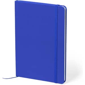 A blue notepad with a hard cover, an elastic band closure, and a ribbon bookmark. It also features a logo.