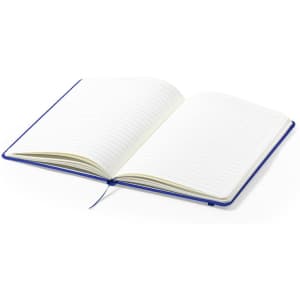 An open blue notebook featuring lined pages and a ribbon bookmark. The notebook has a logo on the cover.