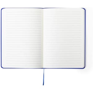 A blue notepad with lined pages, open to reveal its empty interior and a matching ribbon bookmark.