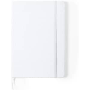A white notepad with a sleek design, featuring an elastic band and a ribbon bookmark. It has a logo on the cover.