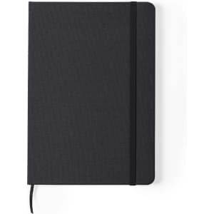 A black notepad with textured cover, elastic band, and ribbon marker. Features a logo on the front.