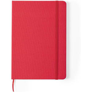 A red notepad with a textured cover, featuring an elastic band and a ribbon bookmark. It has a logo on the front.