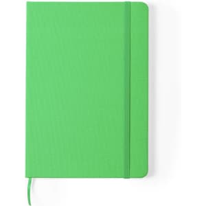 A green notepad with a textured cover, featuring an elastic band and a ribbon bookmark.